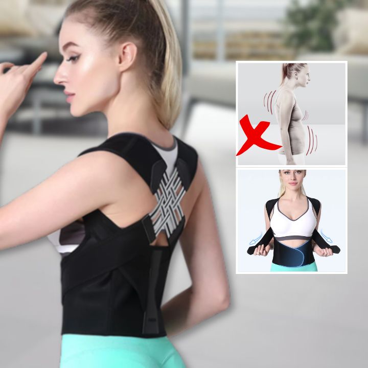 Femme montrant les effets du correcteur de posture dos avant et après utilisation pour corriger le dos arrondi.