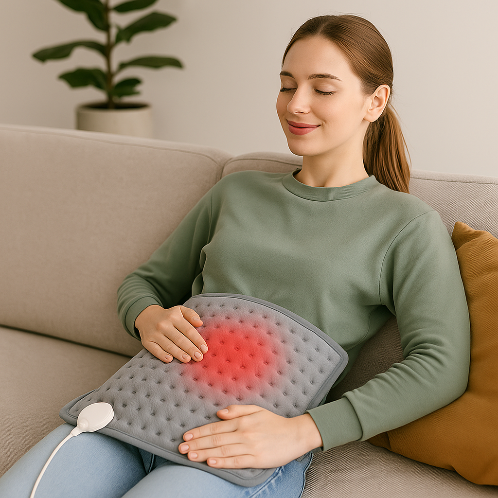 Femme assise sur un canapé avec un coussin chauffant électrique sur son ventre