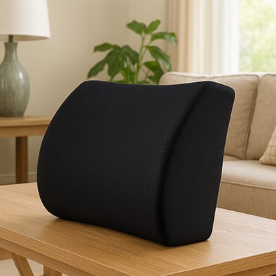 Coussin pour lombaire noir posé sur une table basse, montrant sa forme ergonomique et son design élégant pour un confort optimal.