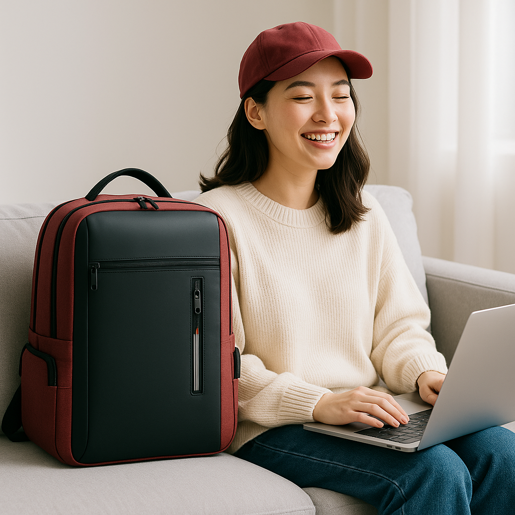 Une femme détendue aux yeux ouverts, assise sur son canapé après une journée de travail, avec un sac à dos ordinateur rouge posé à côté d’elle. L’ambiance chaleureuse et harmonieuse évoque le confort, la sérénité et l’équilibre entre vie professionnelle et bien-être à la maison.