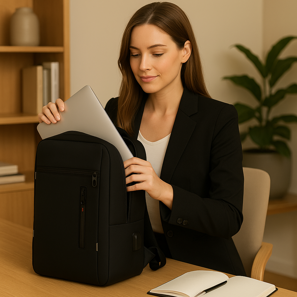 Femme professionnelle en blazer noir sortant son ordinateur portable d’un sac à dos noir, dans un bureau moderne et épuré symbolisant l’organisation et le confort au travail.