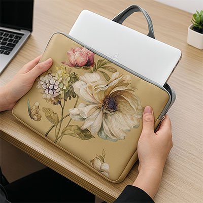 Sacoche ordinateur femme élégante utilisée au bureau pour transporter un laptop avec style et sécurité.