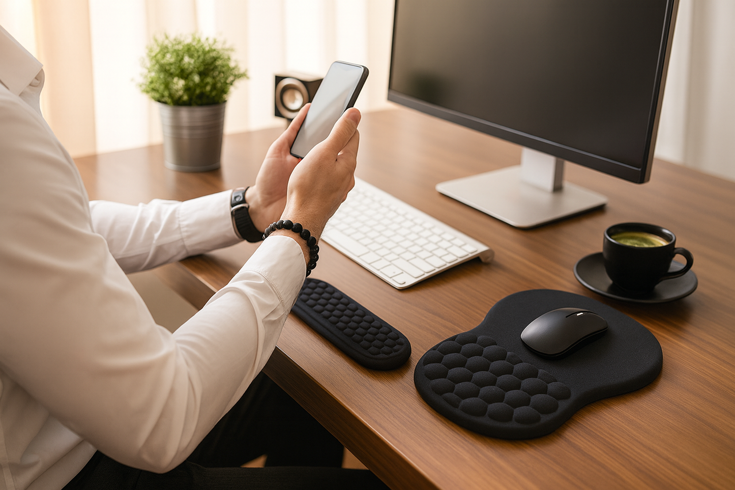 Homme en télétravail utilisant un tapis de souris ergonomique en gel avec repose-poignet assorti pour clavier, confort et prévention des douleurs au poignet.