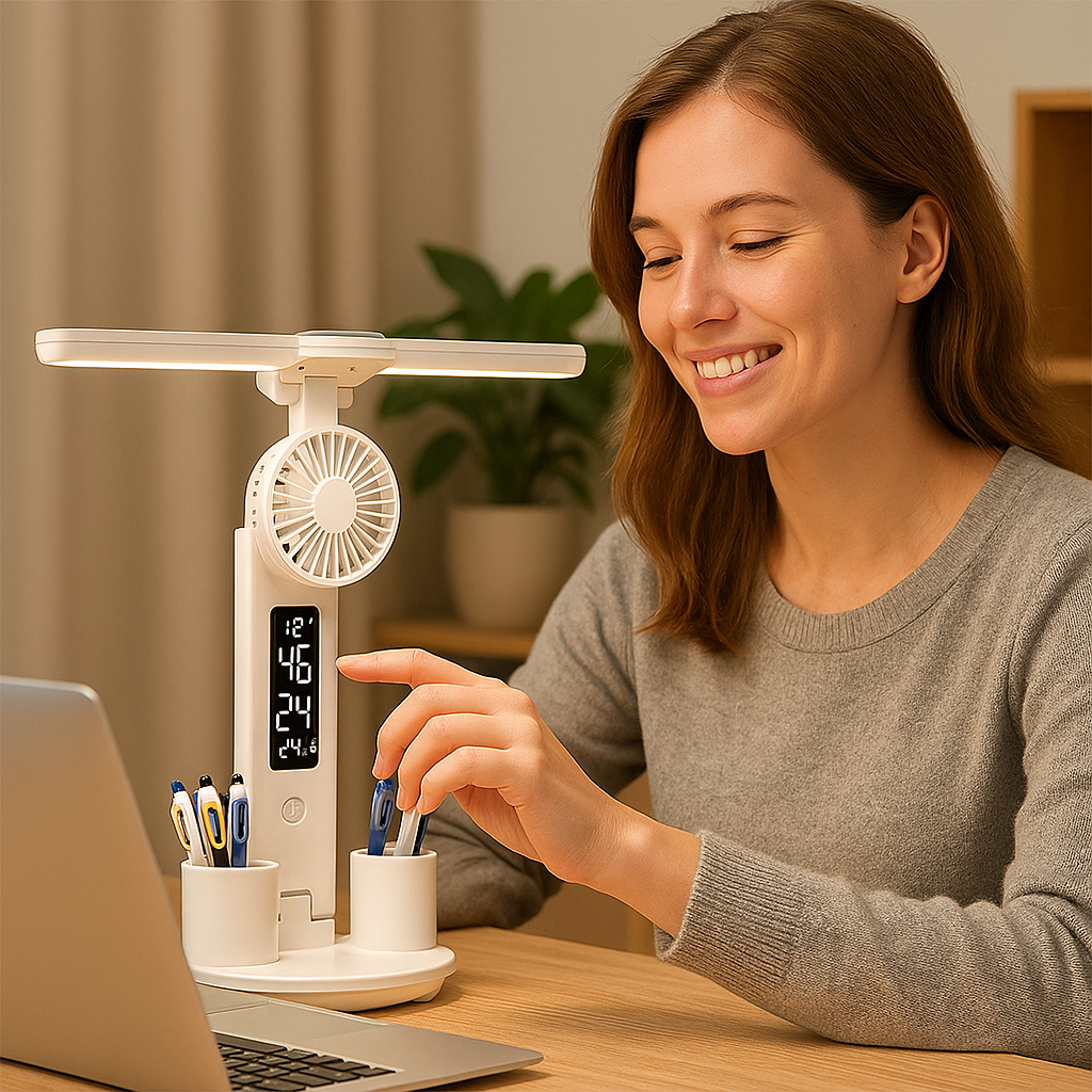 femme souriante utilise une lampe de bureau blanche avec ventilateur et horloge