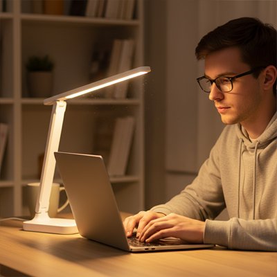 Homme travaillant sur un ordinateur portable sous une lampe de bureau LED blanche, idéale pour éviter la fatigue visuelle.