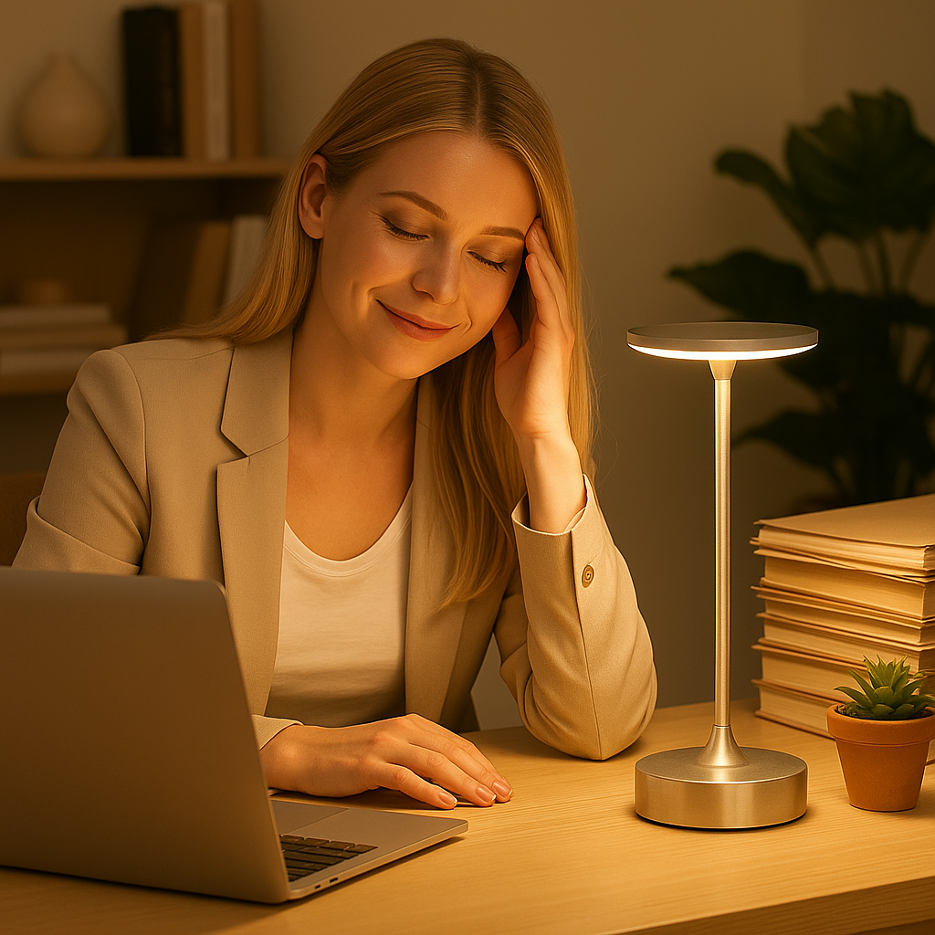 Lampe de table LED sans fil argentée diffusant une lumière chaude sur un bureau en bois. Une femme blonde entrepreneuse travaille devant son ordinateur portable entourée de dossiers, profitant d’une ambiance apaisante et propice au bien-être et à la concentration.