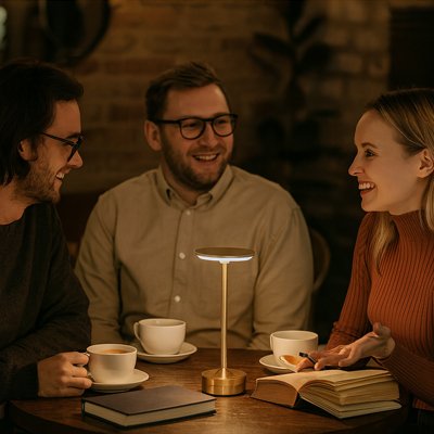 Lampe sans fil LED dorée illuminant une table de café, créant une atmosphère chaleureuse entre amis.