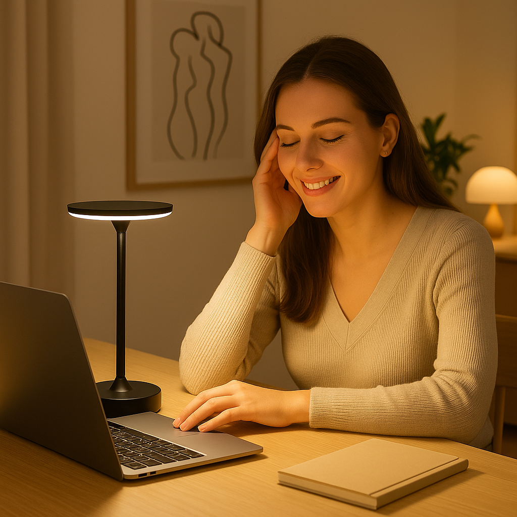 Lampe de table LED sans fil noire posée sur un bureau en bois clair, diffusant une lumière douce et relaxante. Une femme souriante travaille sur son ordinateur portable dans une ambiance chaleureuse favorisant le confort visuel et la sérénité.