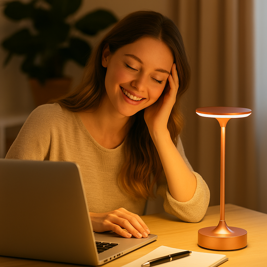 Lampe de table LED sans fil couleur or rose posée sur un bureau élégant, diffusant une lumière douce et relaxante. Une femme souriante travaille sur son ordinateur portable, profitant d’un éclairage chaleureux favorisant le bien-être et le confort visuel.