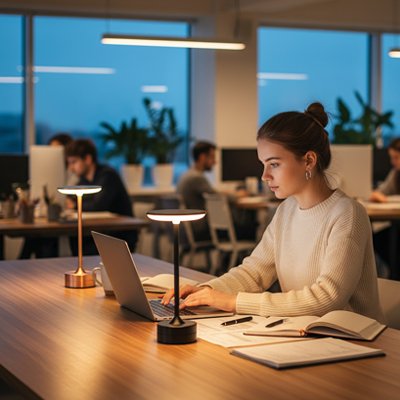 Lampe de table LED sans fil utilisée dans un espace de coworking, offrant un éclairage doux et élégant pour le travail.
