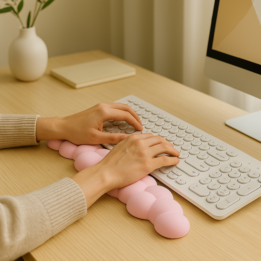 Femme tapant sur un clavier avec un repose-poignet ergonomique rose en forme de nuage – soulage les douleurs et améliore la posture au travail à domicile