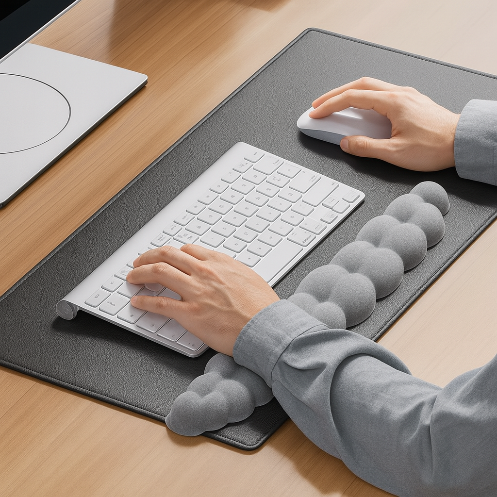 Homme tapant sur un clavier avec les poignets posés sur un repose-poignet ergonomique gris en forme de nuage – soulagement du canal carpien et confort de frappe au bureau