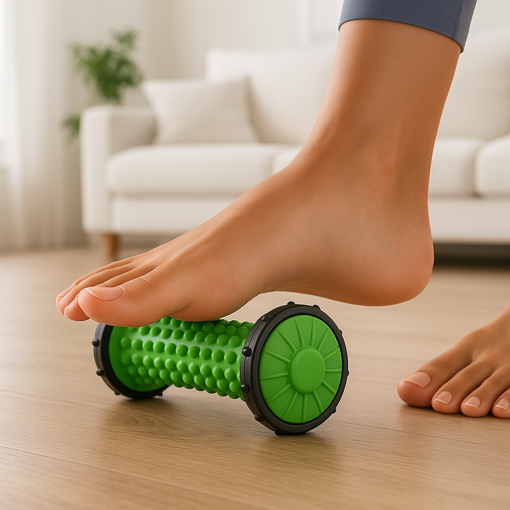 Rouleau de massage vert utilisé sous le pied pour réduire les courbatures et améliorer la mobilité.