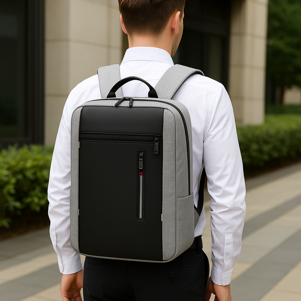 Homme vêtu d’une chemise blanche portant un sac à dos ordinateur gris et noir, idéal pour les trajets domicile-travail et les rendez-vous professionnels.