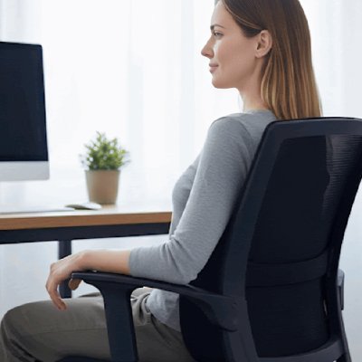 Femme assise devant un bureau utilisant un coussin pour lombaire, maintenant une posture droite et confortable pendant le travail.