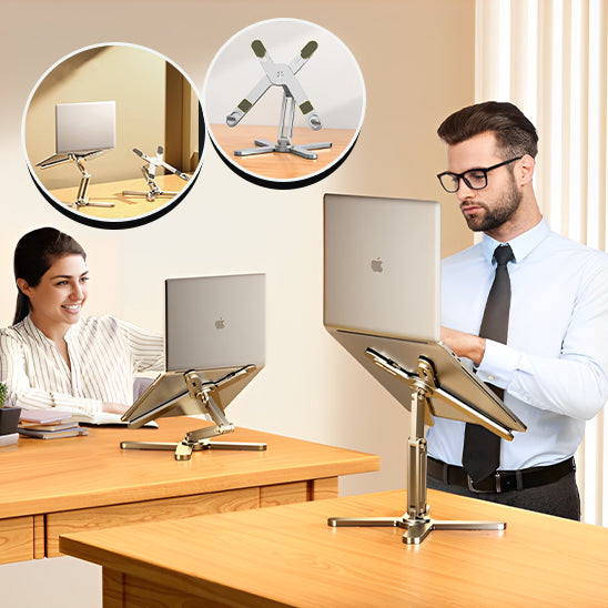 Homme et femme travaillant avec un support ordinateur portable réglable en aluminium, alignement parfait de la colonne vertébrale et bureau moderne.