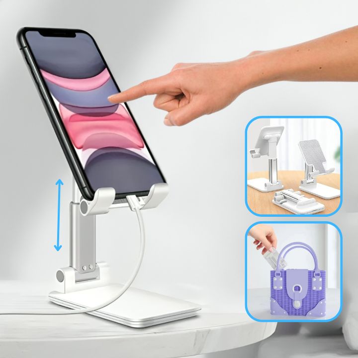 Support pliable pour téléphone portable noir, stable et élégant, parfait pour le bureau, la maison ou les voyages.