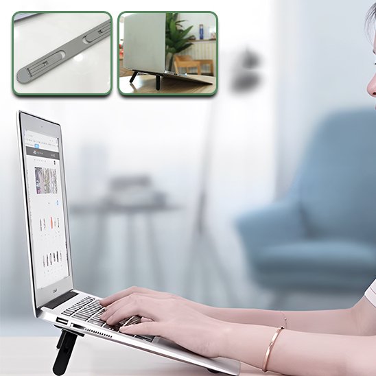 Femme utilisant un ordinateur avec support pliable noir pour améliorer la posture