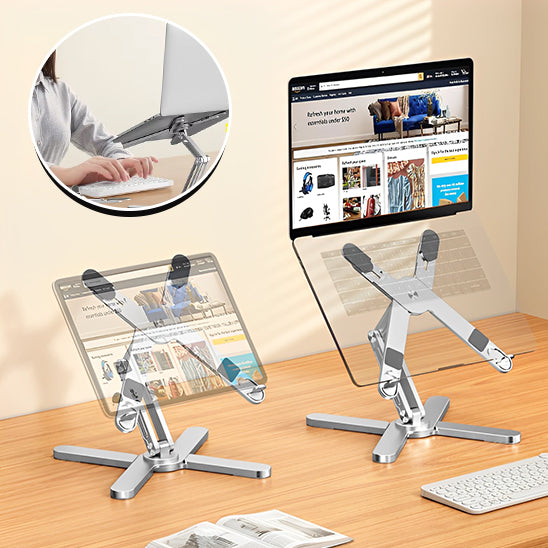 Deux supports ordinateurs portables ajustables en aluminium argenté montrant différentes hauteurs pour un télétravail ergonomique et confortable.