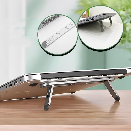 Support pliable fixé sous un ordinateur portable avec pieds ajustables