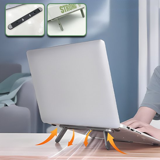 Support portable gris sous un ordinateur avec flèches indiquant la circulation d’air