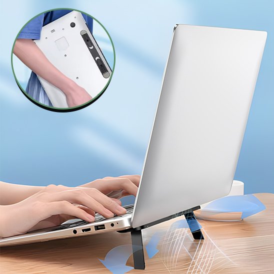 Ordinateur portable sur support ergonomique noir favorisant la ventilation