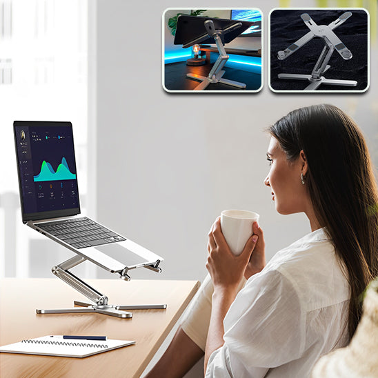 Femme assise confortablement devant un ordinateur sur un support pliable en aluminium argenté, télétravail ergonomique et productif.