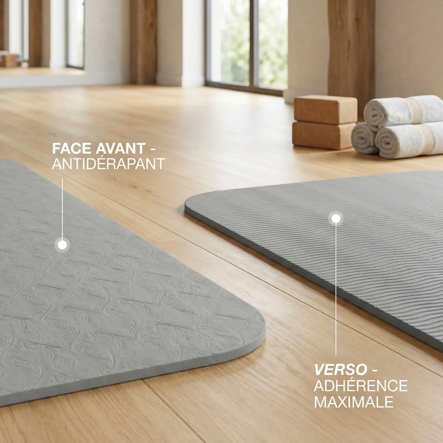 Détail texture antidérapante face avant et verso à adhérence maximale du tapis de yoga 6 mm gris