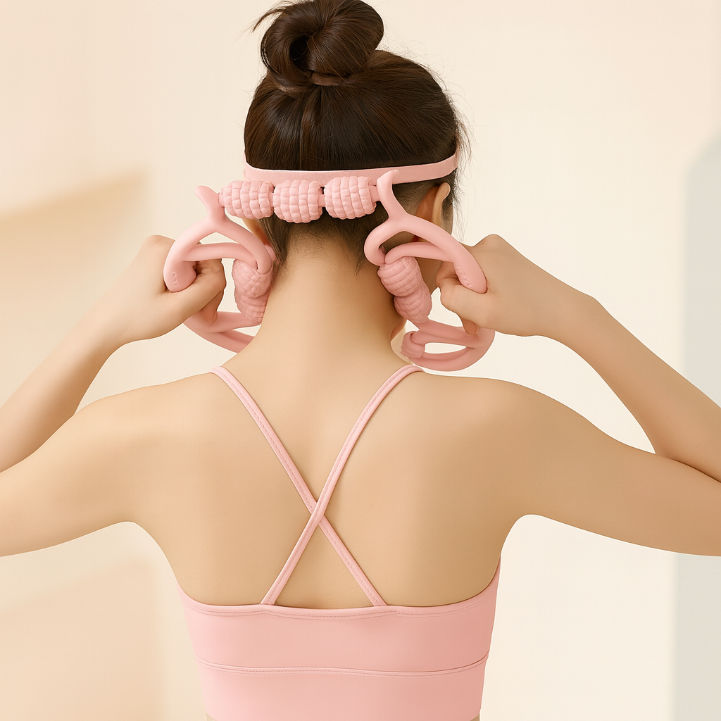 Une femme en tenue de sport beige utilise un rouleau de massage rose pour soulager les tensions dans la nuque et les épaules, favorisant la détente musculaire et la relaxation après une longue journée de travail.