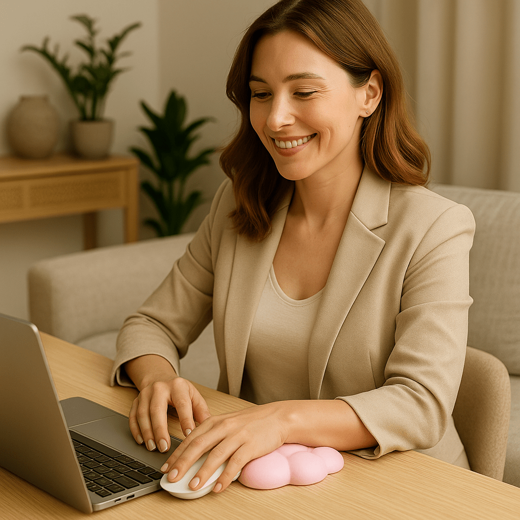 Femme souriante en télétravail, utilisant une souris avec la main posée sur un repose-poignet rose en forme de nuage, illustrant confort et ergonomie au bureau.