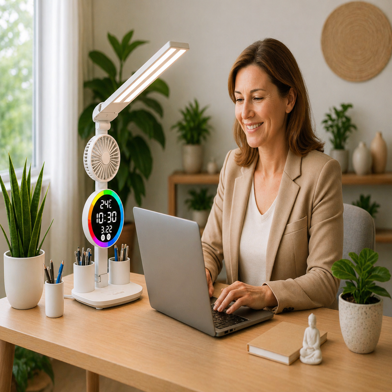 femme sur son bureau utilisant sa lampe LED
