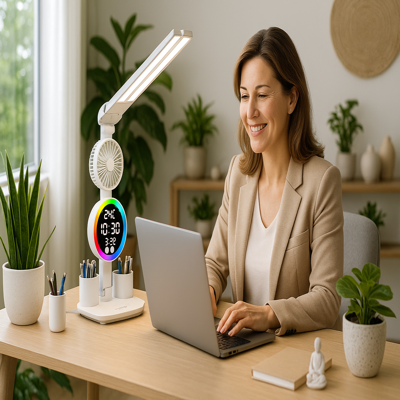 lampe de bureau multifonction avec éclairage led, horloge digitale et ventilateur sur un bureau de télétravail moderne