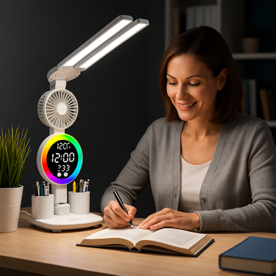 lampe de bureau multifonction avec led allumée, horloge digitale et ventilateur intégrés utilisée par une femme en télétravail