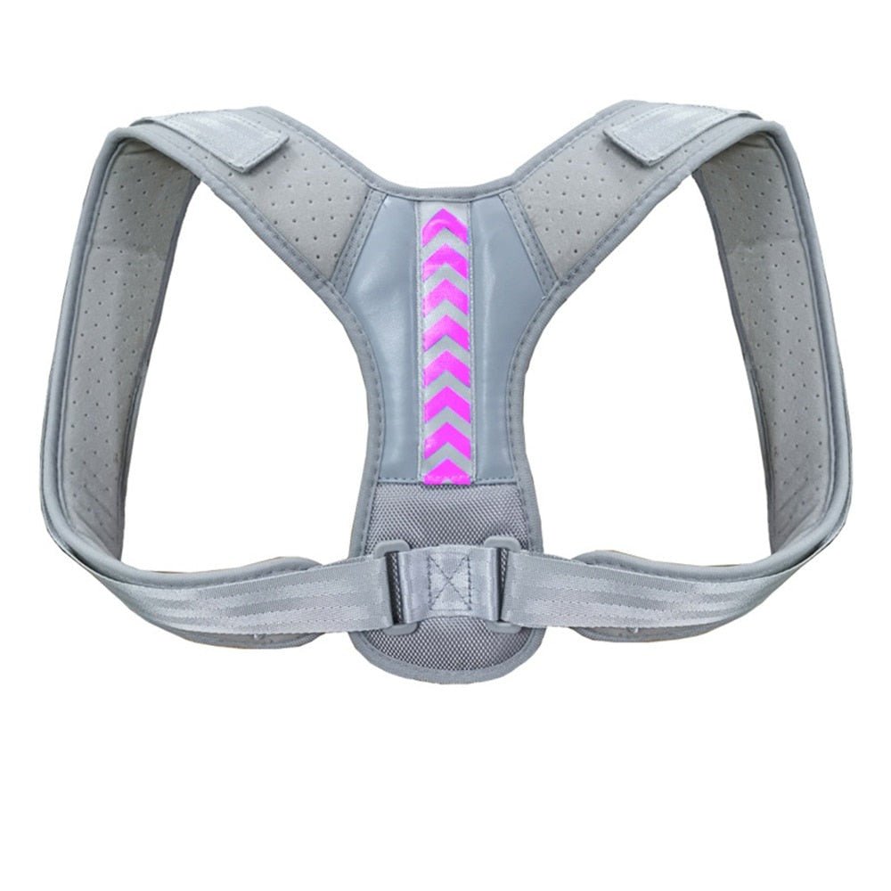 Correcteur de posture gris clair avec bande rose, idéal pour corriger la position du dos et réduire les douleurs.