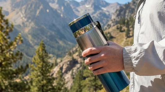 Homme en randonnée en forêt avec une gourde isotherme en acier inoxydable