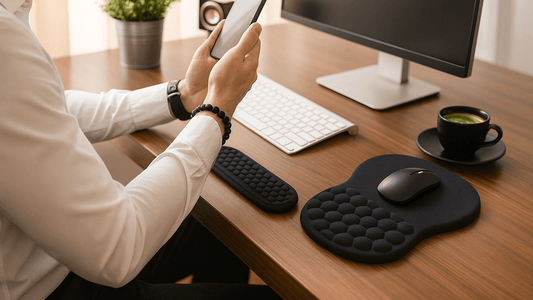 Homme en télétravail à son bureau utilisant un tapis de souris ergonomique et un repose-poignet en gel pour clavier