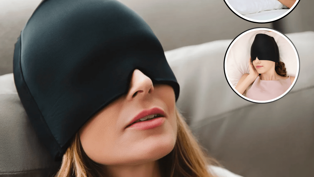 Femme détendue sur un canapé portant un bonnet relaxant chaud et froid noir