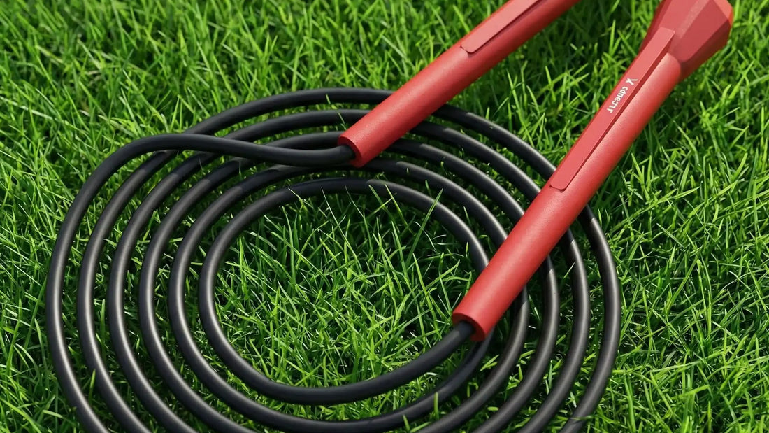 Corde à sauter rouge avec poignées ergonomiques posée dans un jardin