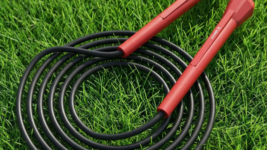 Corde à sauter rouge avec poignées ergonomiques posée dans un jardin