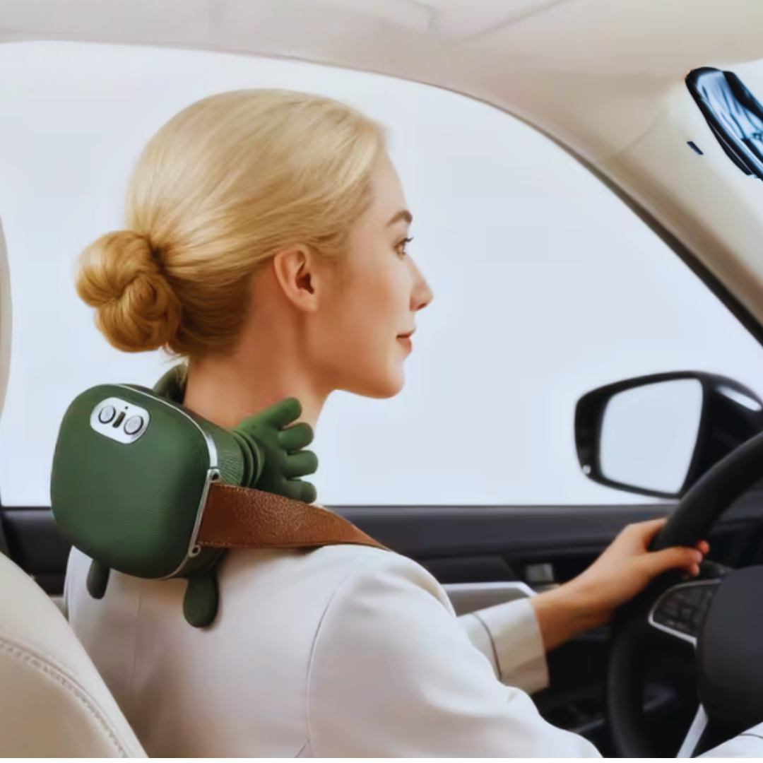 Femme utilisant l'appareil de massage pour la nuque dans une voiture pour un massage cervical pendant la conduite.