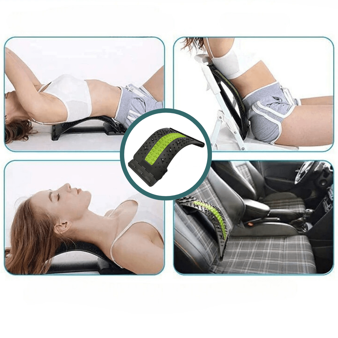 Femme utilisant le masseur dorsal SpineEase™ sur une chaise, au sol et dans une voiture pour soulager le mal de dos et corriger la posture au quotidien.
