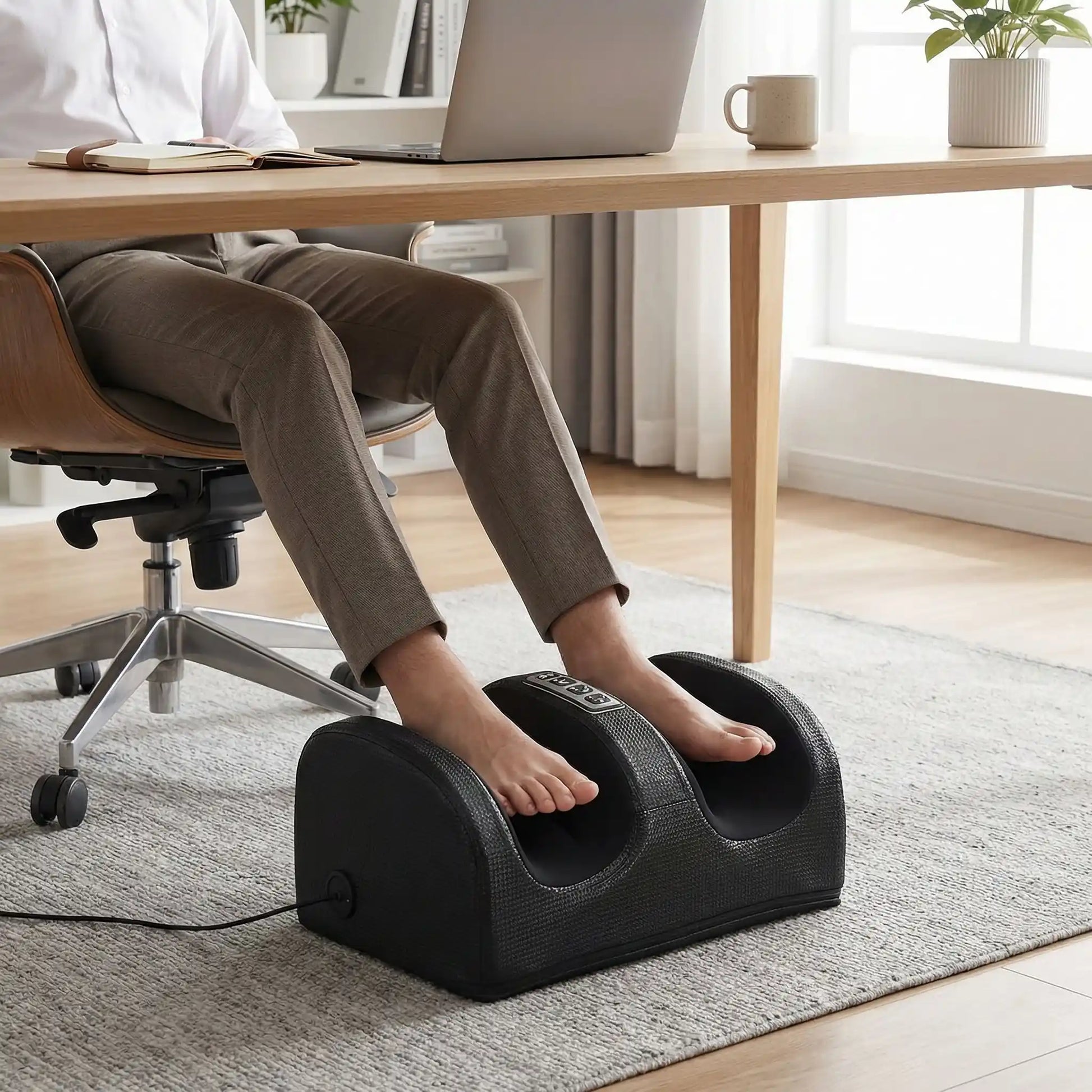 Appareil massage des pieds utilisé sous un bureau en télétravail pour soulager la fatigue