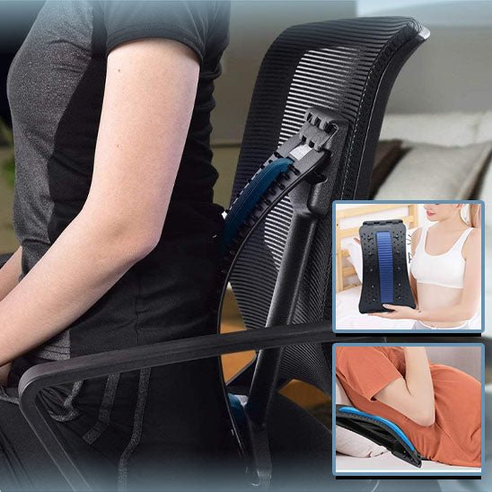 Utilisation du décompresseur de dos sur une chaise de bureau pour soutenir la courbure naturelle et prévenir le mal de dos.
