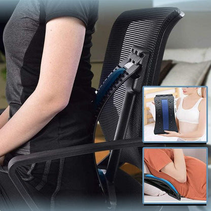 Utilisation du décompresseur de dos sur une chaise de bureau pour soutenir la courbure naturelle et prévenir le mal de dos.