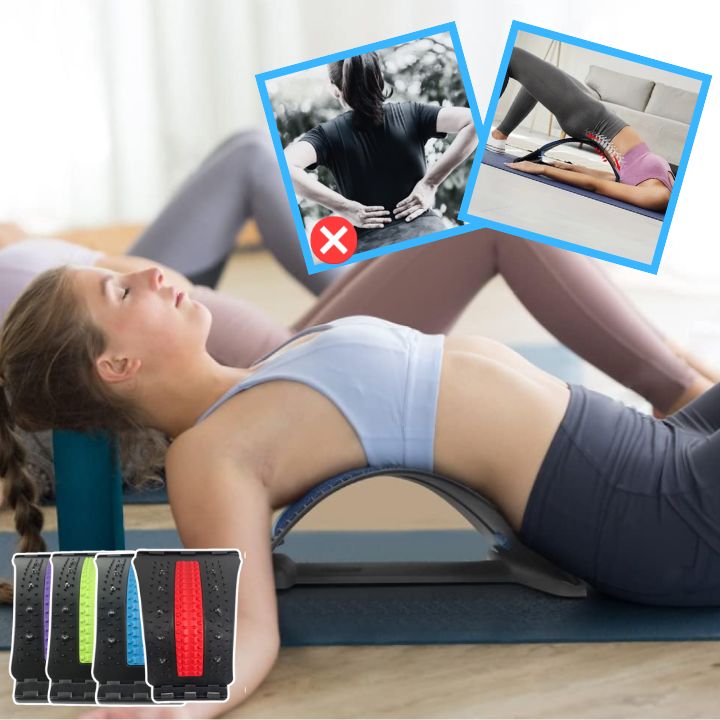 Femme allongée sur un décompresseur de dos en yoga, favorisant la détente musculaire et la réduction des tensions lombaires.