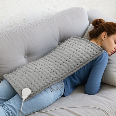 Femme utilisant le coussin chauffant ThermaRelief sur le dos pour soulager les douleurs lombaires