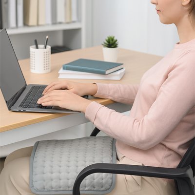 Coussin chauffant ThermaRelief utilisé au bureau pour détendre les muscles pendant le télétravail