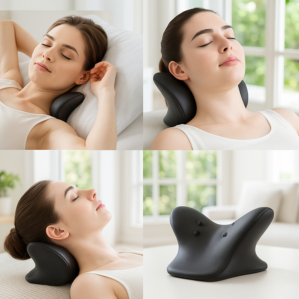 Femmes relaxant sur un coussin cervical ergonomique noir, idéal pour soulager les tensions du cou à la maison.