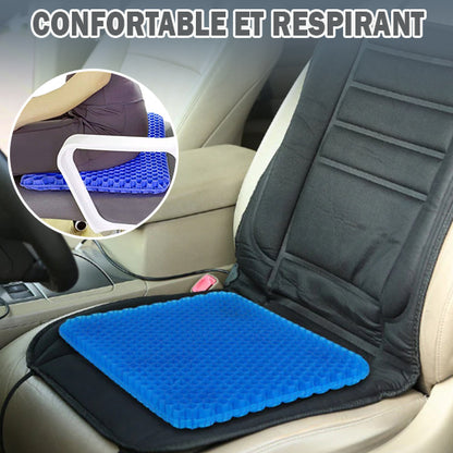 Coussin en gel bleu sur un siège de voiture, offrant confort, respirabilité et soulagement des points de pression.