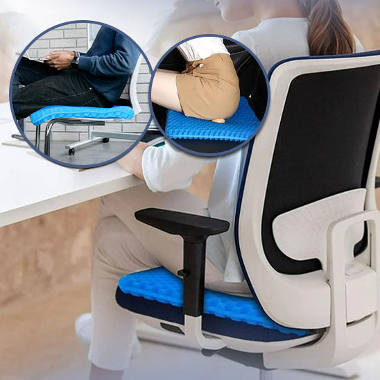 Coussin bleu en gel alvéolé utilisé au bureau, en voiture et à la maison, procurant un soutien optimal pour le bas du dos et les fessiers.